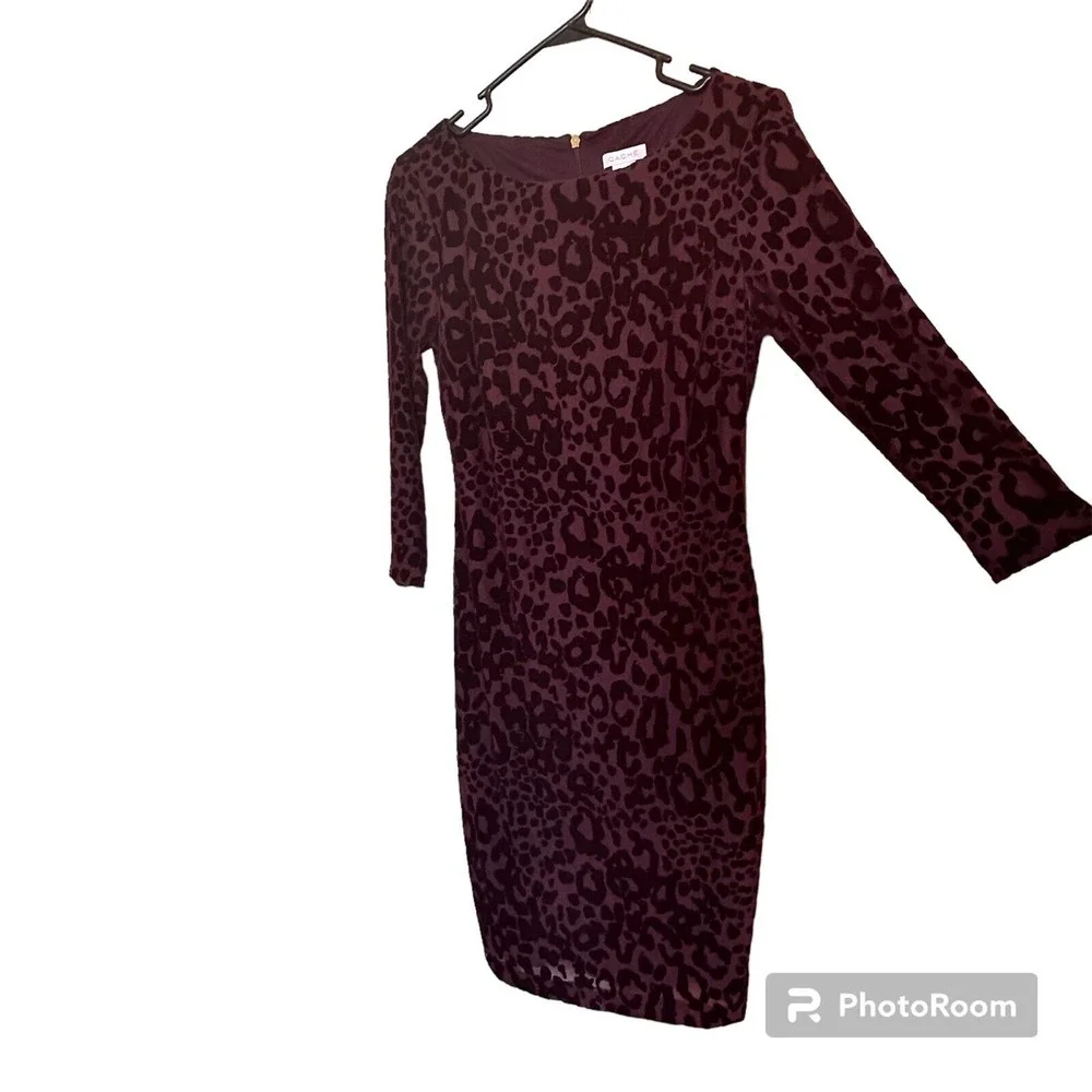 Cache Purple Leopard Y2K Velvet Bodycon Cocktail Dress 3/4 Mesh Sleeve Size 6 - Picture 2 of 16